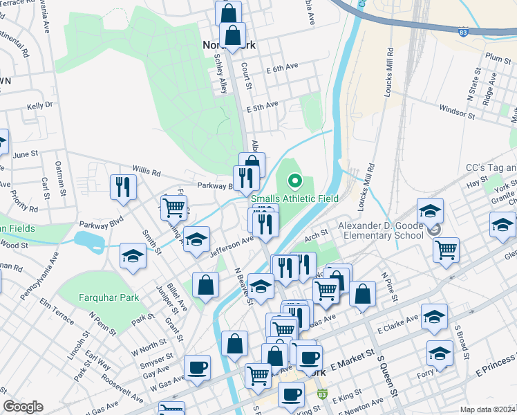 map of restaurants, bars, coffee shops, grocery stores, and more near 507 North George Street in York