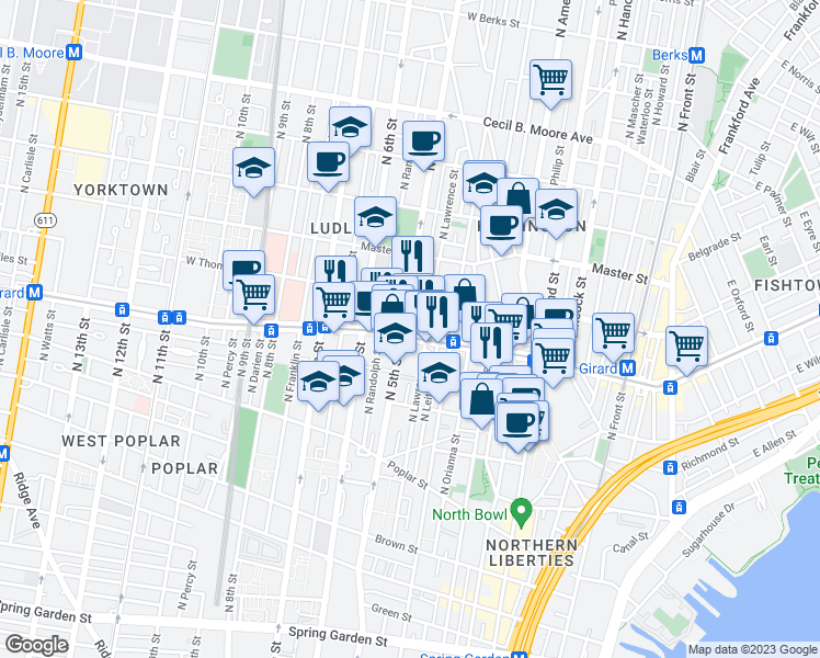 map of restaurants, bars, coffee shops, grocery stores, and more near 441 West Girard Avenue in Philadelphia
