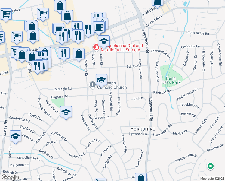 map of restaurants, bars, coffee shops, grocery stores, and more near 329 Maywood Road in East York