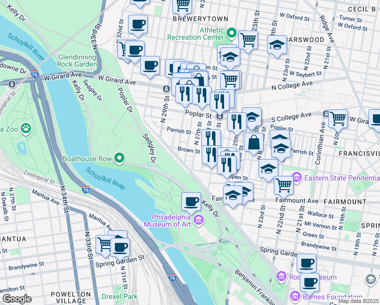 map of restaurants, bars, coffee shops, grocery stores, and more near 2710 Brown Street in Philadelphia