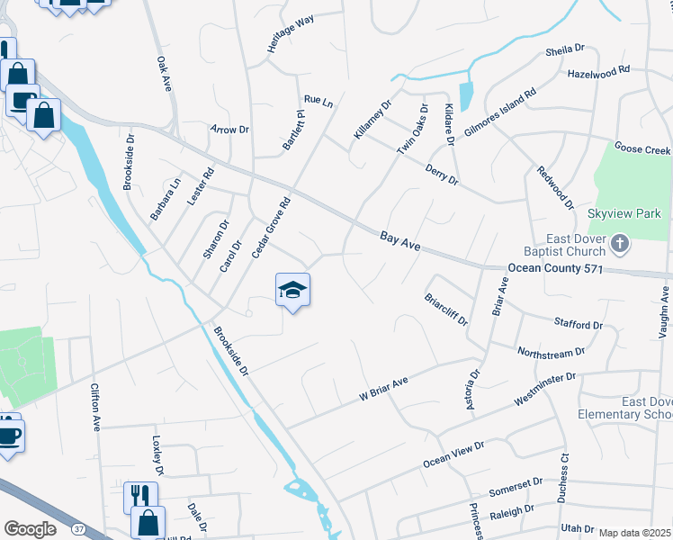 map of restaurants, bars, coffee shops, grocery stores, and more near 1011 Twin Oaks Dr in Toms River