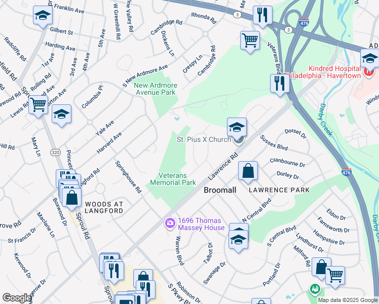 map of restaurants, bars, coffee shops, grocery stores, and more near 2028 Woodside Lane in Broomall