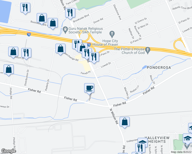 map of restaurants, bars, coffee shops, grocery stores, and more near North Wilson Road in Columbus