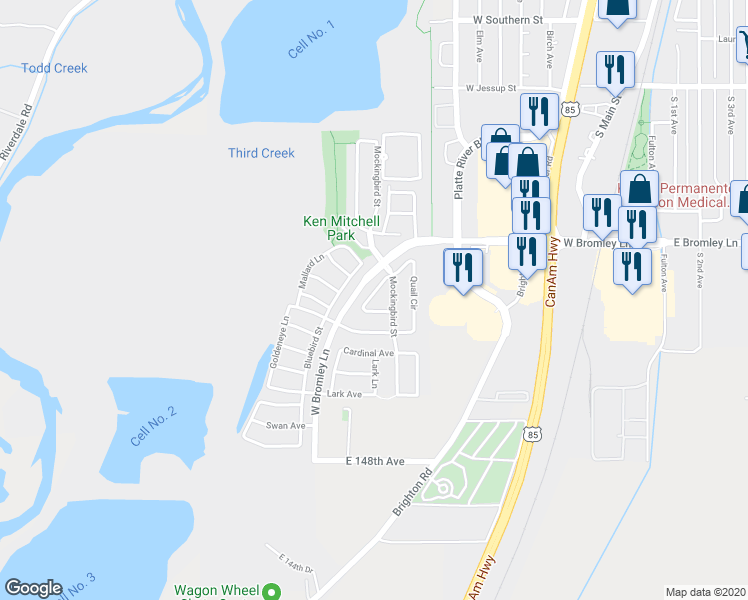 map of restaurants, bars, coffee shops, grocery stores, and more near 1036 Oriole Circle in Brighton