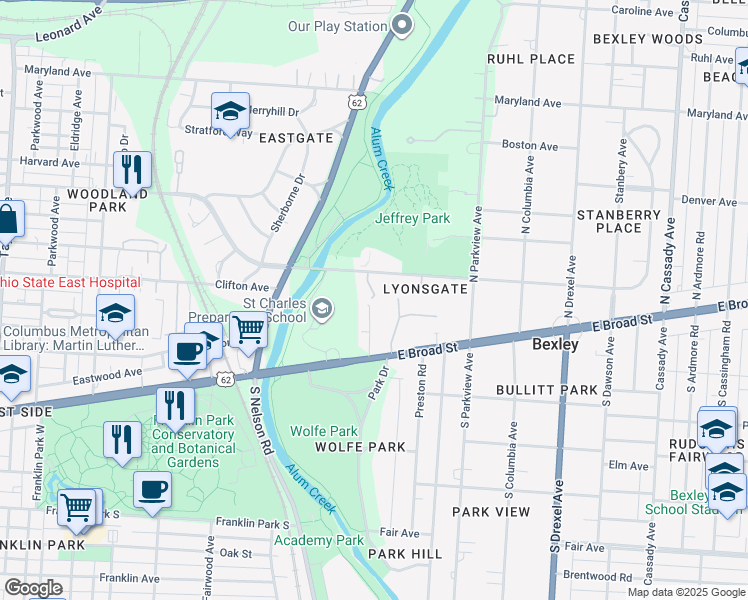 map of restaurants, bars, coffee shops, grocery stores, and more near 2 Bishop Square in Bexley