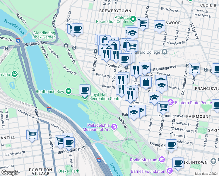 map of restaurants, bars, coffee shops, grocery stores, and more near 2710 Brown Street in Philadelphia