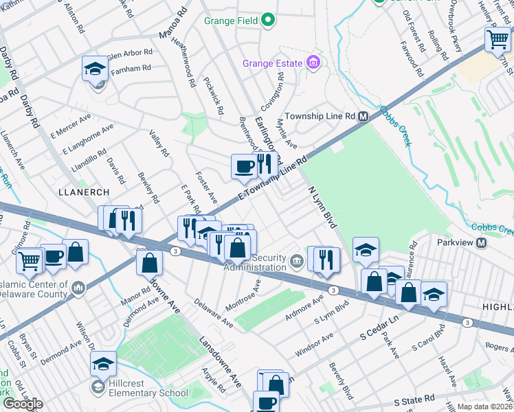 map of restaurants, bars, coffee shops, grocery stores, and more near 227 Magnolia Terrace in Delaware County