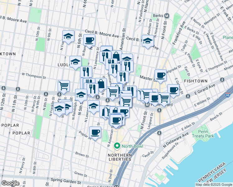 map of restaurants, bars, coffee shops, grocery stores, and more near 1224 Germantown Avenue in Philadelphia