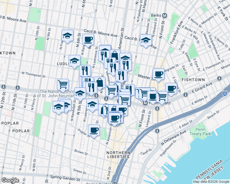 map of restaurants, bars, coffee shops, grocery stores, and more near 1224 Germantown Avenue in Philadelphia