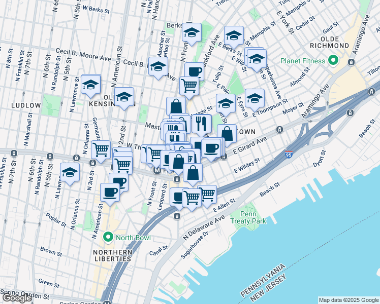 map of restaurants, bars, coffee shops, grocery stores, and more near 1240 Crease Street in Philadelphia