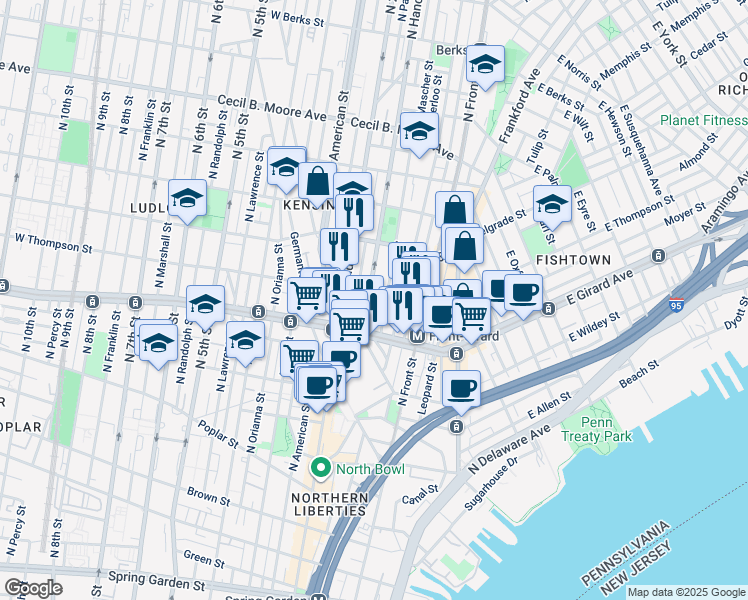 map of restaurants, bars, coffee shops, grocery stores, and more near 1243 North Hancock Street in Philadelphia