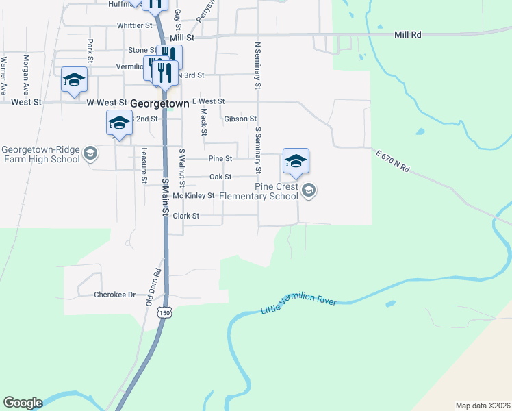 map of restaurants, bars, coffee shops, grocery stores, and more near 500-598 South Seminary Street in Georgetown
