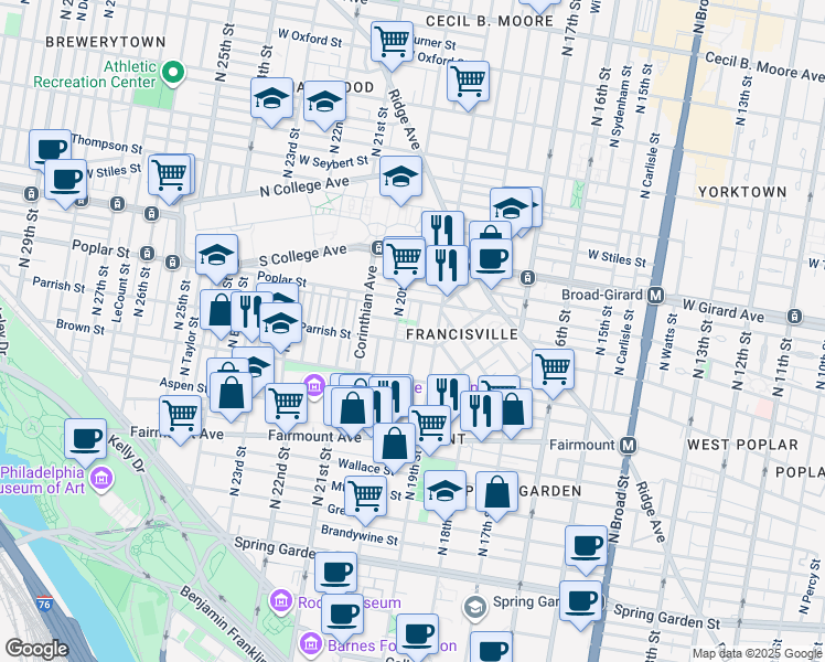 map of restaurants, bars, coffee shops, grocery stores, and more near 843 North Opal Street in Philadelphia