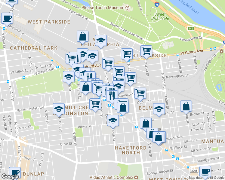 map of restaurants, bars, coffee shops, grocery stores, and more near 4327 Pennsgrove Street in Philadelphia