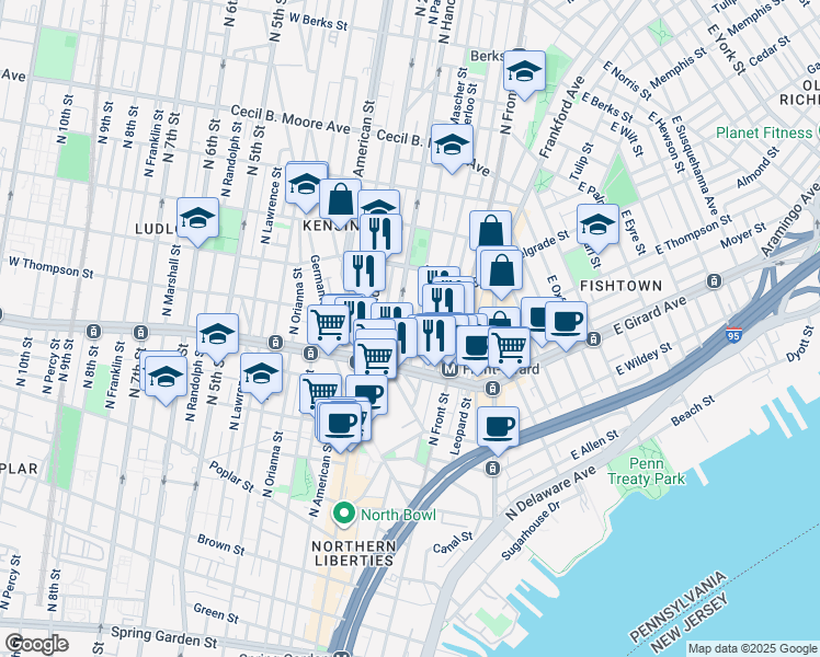 map of restaurants, bars, coffee shops, grocery stores, and more near 1246 North Mascher Street in Philadelphia