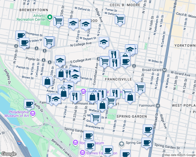 map of restaurants, bars, coffee shops, grocery stores, and more near 2027 Parrish Street in Philadelphia