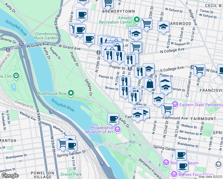 map of restaurants, bars, coffee shops, grocery stores, and more near 2716 Brown Street in Philadelphia