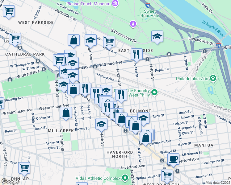 map of restaurants, bars, coffee shops, grocery stores, and more near 4226 Pennsgrove Street in Philadelphia