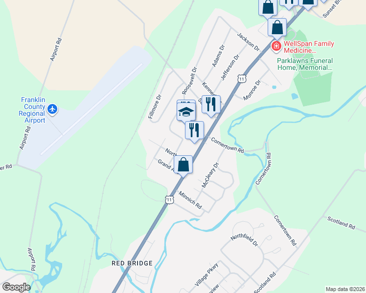 map of restaurants, bars, coffee shops, grocery stores, and more near 2378 Greene Street in Chambersburg