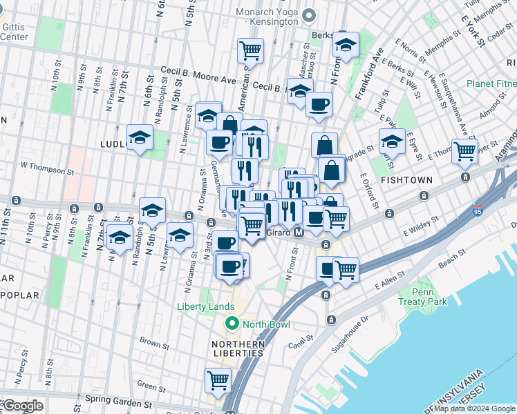map of restaurants, bars, coffee shops, grocery stores, and more near 1239 North Palethorp Street in Philadelphia