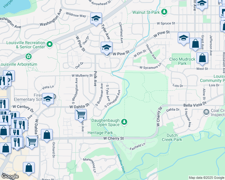 map of restaurants, bars, coffee shops, grocery stores, and more near 532 West Lois Way in Louisville
