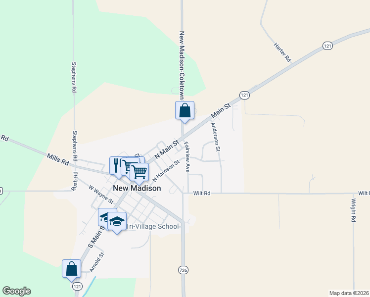 map of restaurants, bars, coffee shops, grocery stores, and more near 124 Fairview Avenue in New Madison