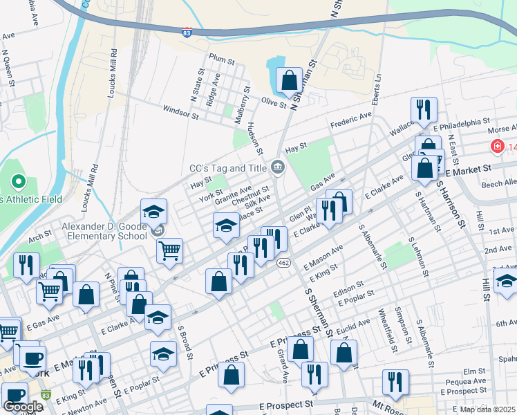 map of restaurants, bars, coffee shops, grocery stores, and more near 737 Wallace Street in York