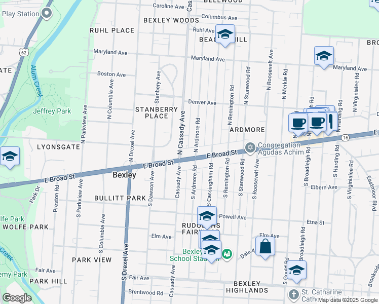 map of restaurants, bars, coffee shops, grocery stores, and more near 2568 East Broad Street in Columbus