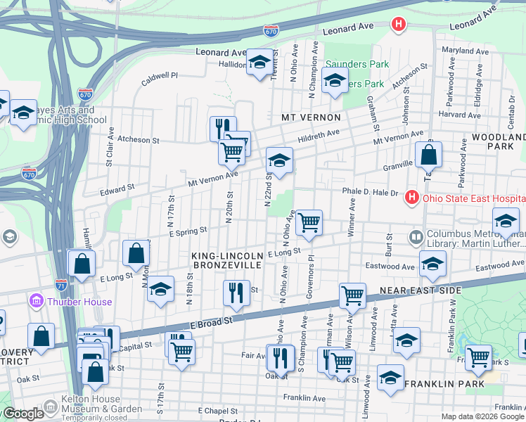 map of restaurants, bars, coffee shops, grocery stores, and more near 225 North 22nd Street in Columbus