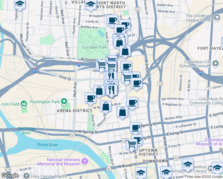 map of restaurants, bars, coffee shops, grocery stores, and more near 405 North Front Street in Columbus