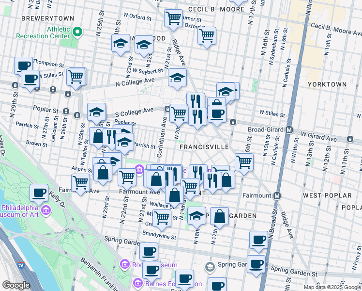 map of restaurants, bars, coffee shops, grocery stores, and more near 843 North Opal Street in Philadelphia