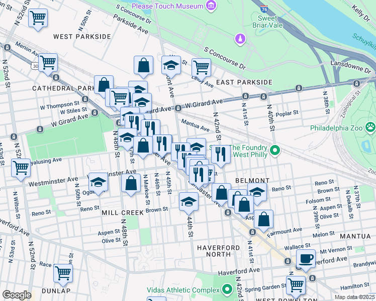 map of restaurants, bars, coffee shops, grocery stores, and more near 4327 Pennsgrove Street in Philadelphia