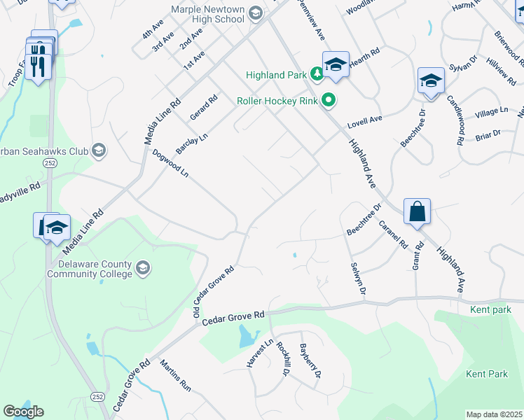map of restaurants, bars, coffee shops, grocery stores, and more near 2722 Old Cedar Grove Road in Broomall