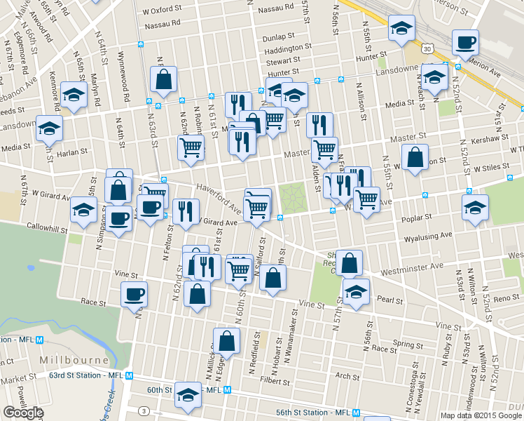 map of restaurants, bars, coffee shops, grocery stores, and more near 1212 North Redfield Street in Philadelphia