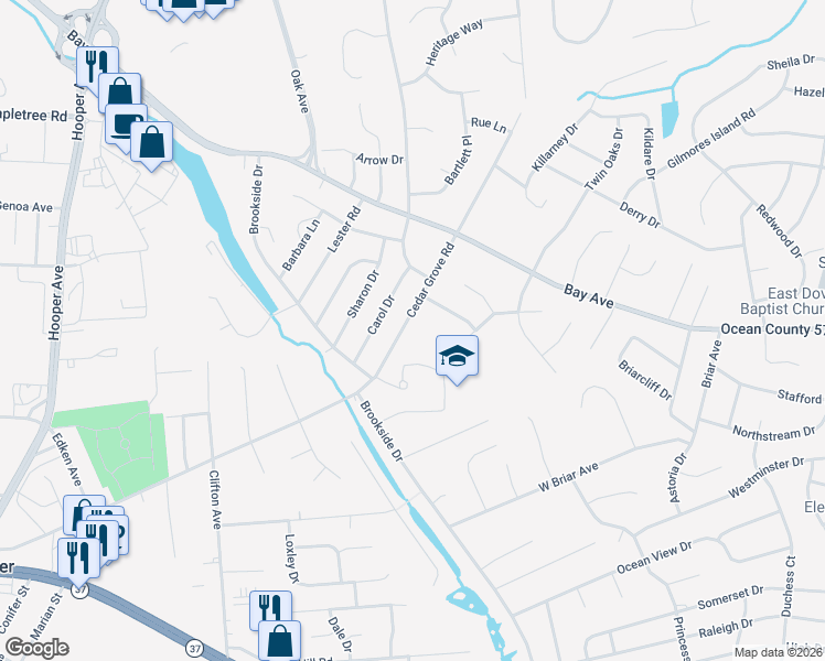 map of restaurants, bars, coffee shops, grocery stores, and more near 209 Cedar Grove Road in Toms River