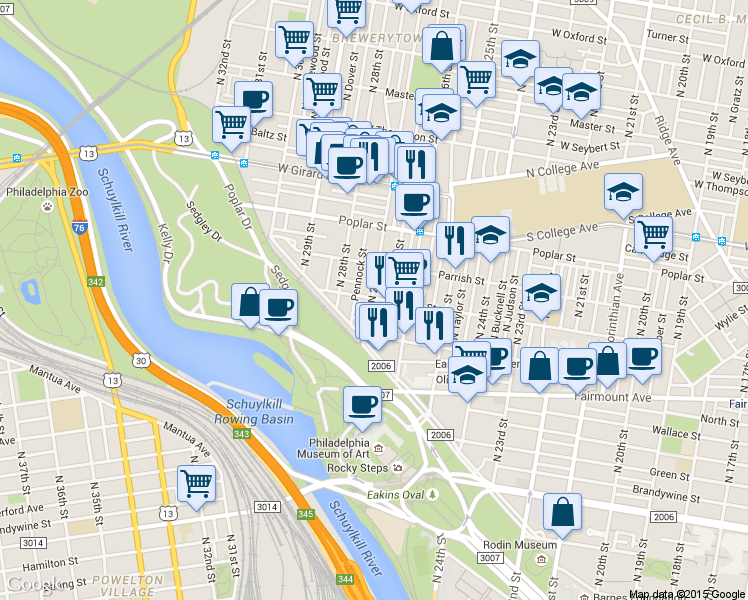 map of restaurants, bars, coffee shops, grocery stores, and more near 2646 Brown Street in Philadelphia