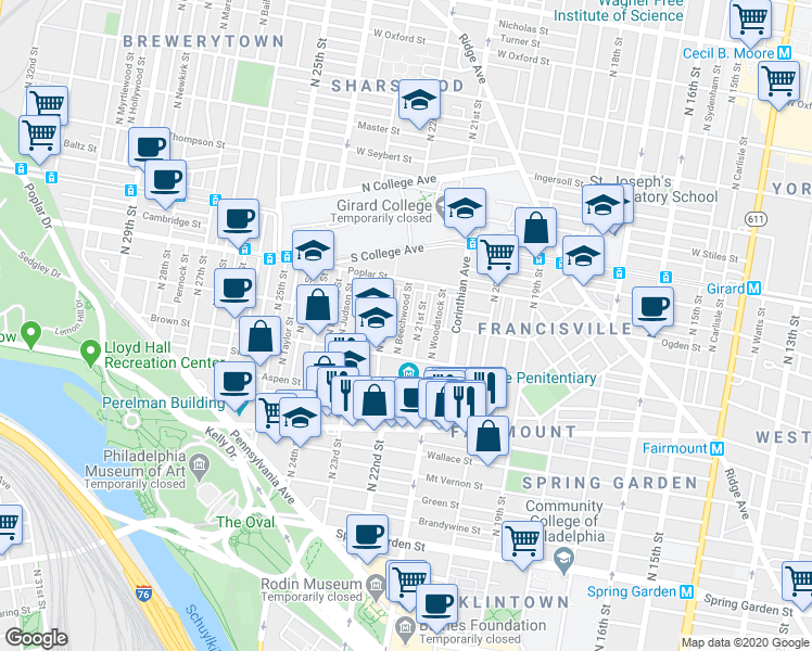 map of restaurants, bars, coffee shops, grocery stores, and more near 843 North Beechwood Street in Philadelphia