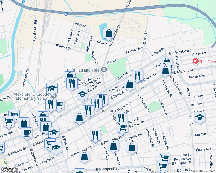 map of restaurants, bars, coffee shops, grocery stores, and more near 811 East Philadelphia Street in York