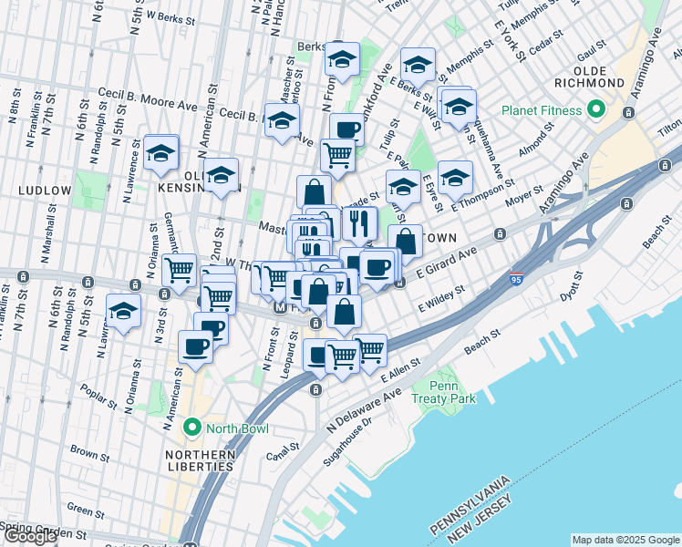 map of restaurants, bars, coffee shops, grocery stores, and more near 1240 Crease Street in Philadelphia
