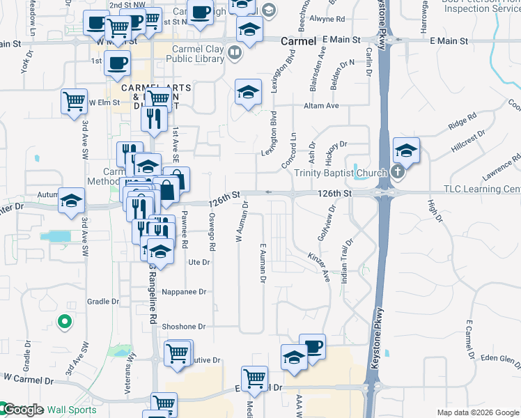 map of restaurants, bars, coffee shops, grocery stores, and more near 724 East Auman Drive in Carmel