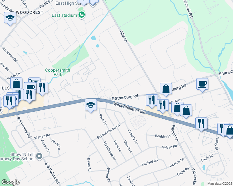map of restaurants, bars, coffee shops, grocery stores, and more near 202 Joy Lane in West Chester