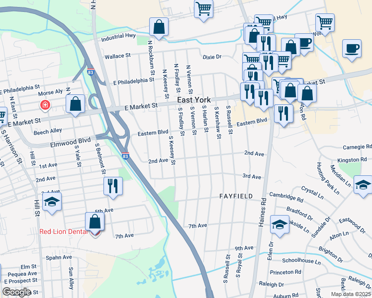 map of restaurants, bars, coffee shops, grocery stores, and more near 139 South Findlay Street in East York
