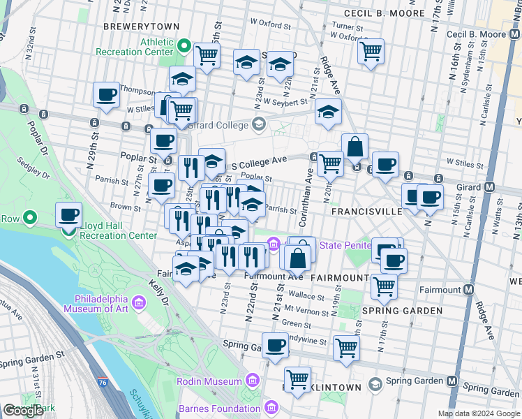 map of restaurants, bars, coffee shops, grocery stores, and more near 839 North 22nd Street in Philadelphia