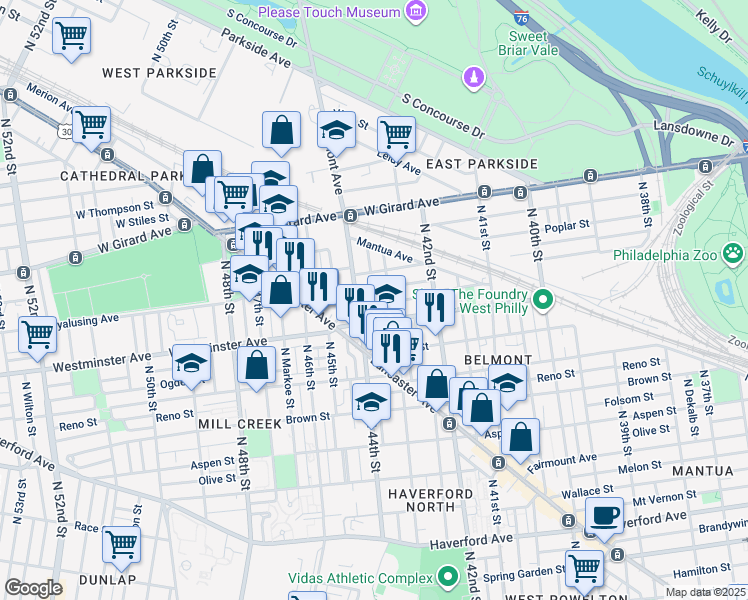 map of restaurants, bars, coffee shops, grocery stores, and more near 4321 Pennsgrove Street in Philadelphia