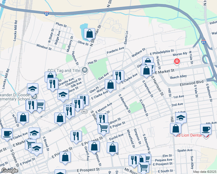 map of restaurants, bars, coffee shops, grocery stores, and more near 932 Wayne Avenue in York