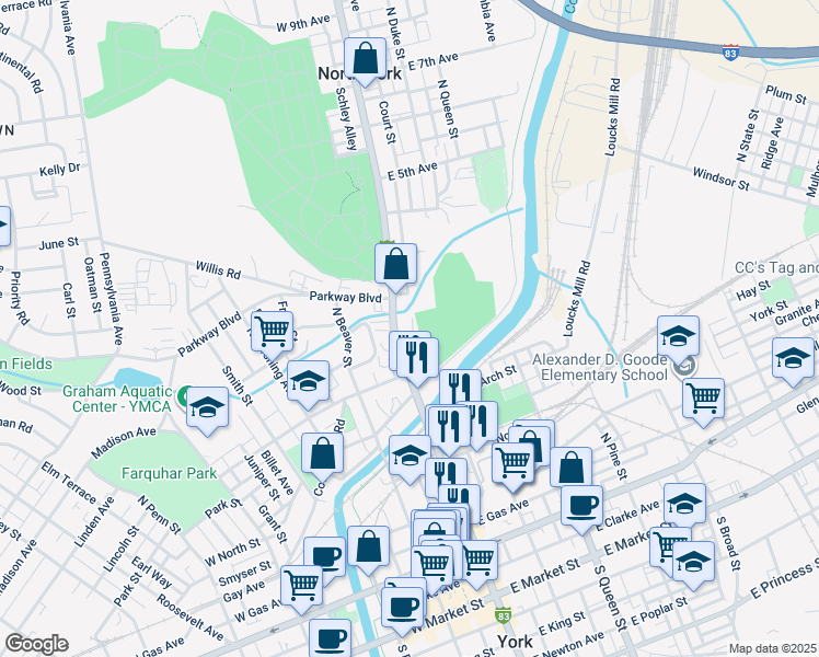 map of restaurants, bars, coffee shops, grocery stores, and more near 509 Albright in York