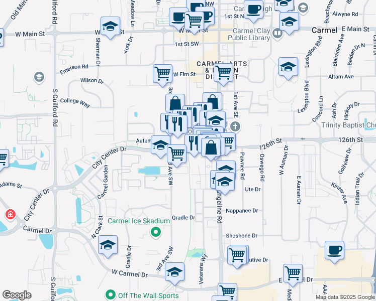 map of restaurants, bars, coffee shops, grocery stores, and more near 100 City Center Drive in Carmel
