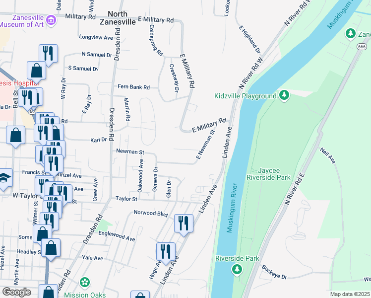 map of restaurants, bars, coffee shops, grocery stores, and more near Treehouse Lane in Zanesville