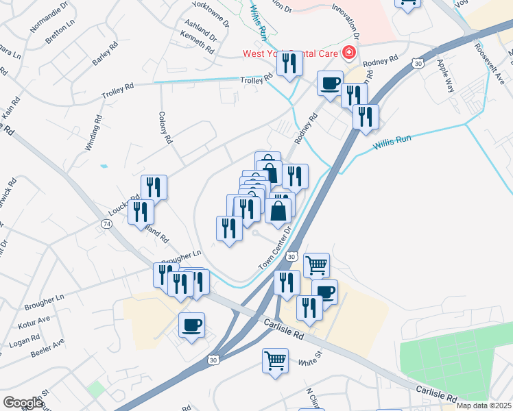 map of restaurants, bars, coffee shops, grocery stores, and more near 1800 Loucks Road in York