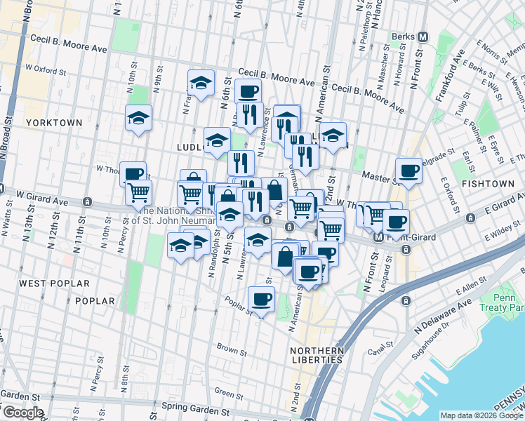 map of restaurants, bars, coffee shops, grocery stores, and more near 1214 North 4th Street in Philadelphia